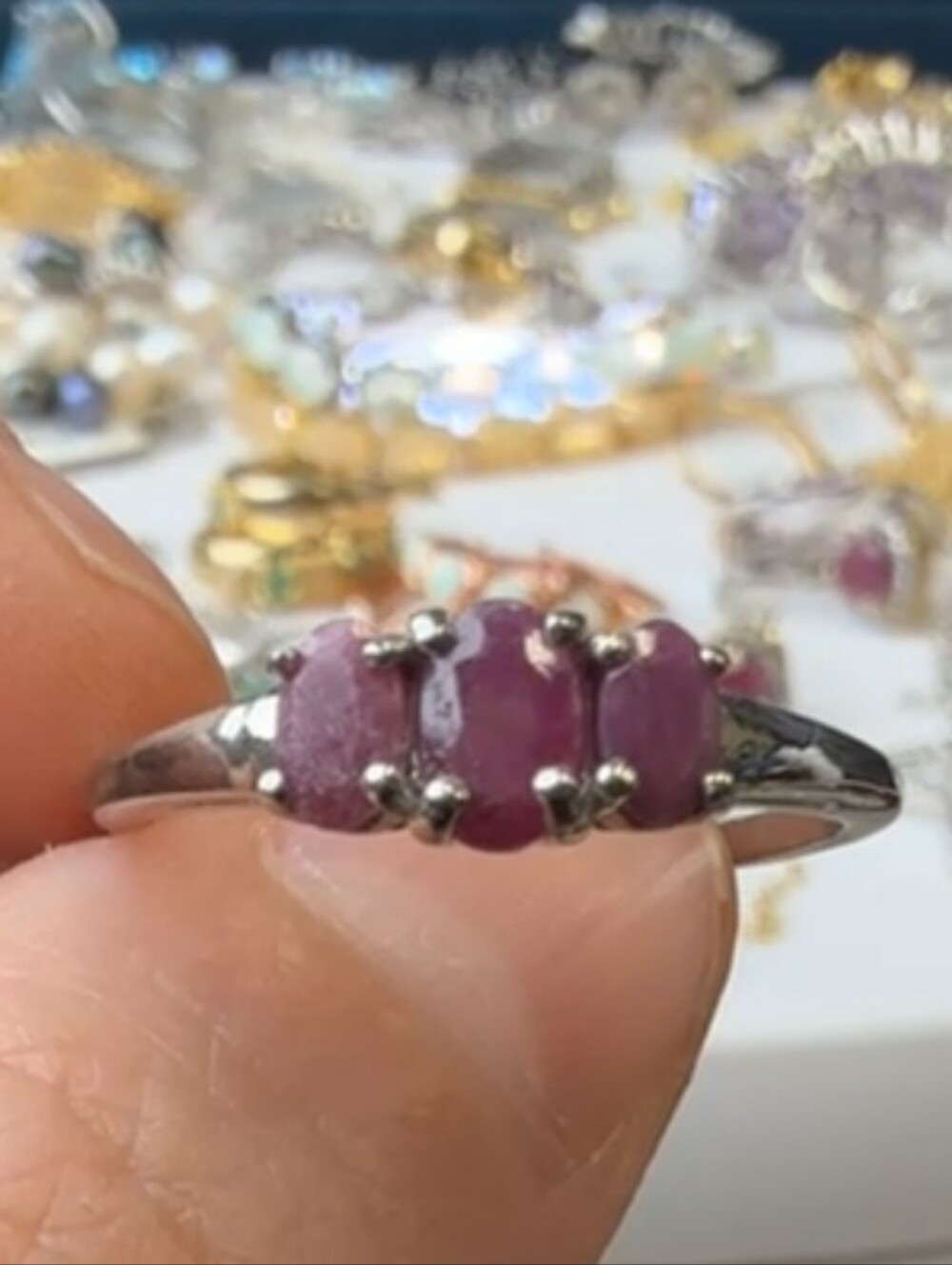 Sterling Silver Triple Stone Genuine  Ruby Band Ring ---Size 8